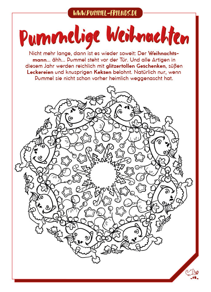 Weihnachtliches Pummel & Friends Mandala zum kostenlosen Download